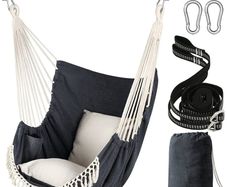 NEW SALE | Hammock Chair Hanging Swing 2 Seat Cushions Included,Strong Webbing Straps and Hooks for Easy Hanging Soft Cotton Weave Hanging Chair Side Pocket Large Tassel Chair Set Comfort Indoor Outdoor