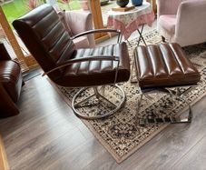 French Leather Swivel Arm Chair & Matching Foot Stool