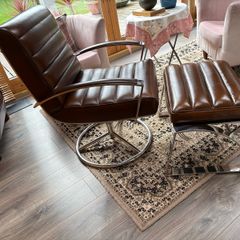 French Leather Swivel Arm Chair & Matching Foot Stool