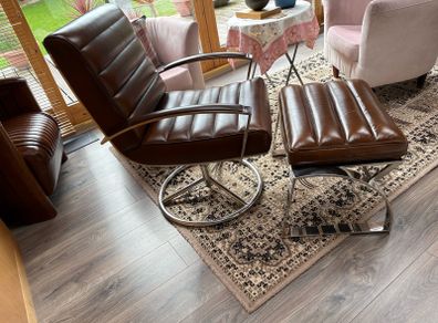 French Leather Swivel Arm Chair & Matching Foot Stool