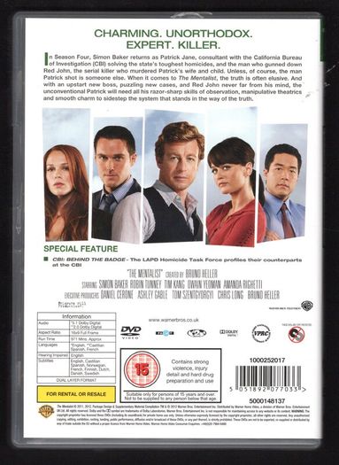 The Mentalist DVD Season 4. 5 Disc DVD Television Series.