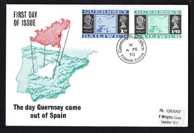 1970 Guernsey The day Guernsey came out of Spain (correcting error showing wrong latitude on stamp) Definitive Stamps First Day Cover (FDC)