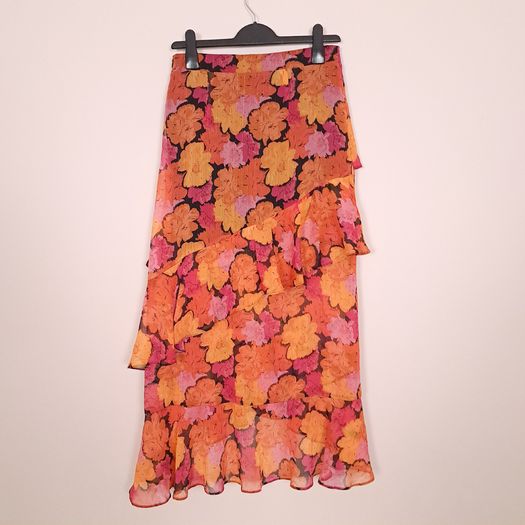 River Island Orange Pink Metallic Floral Print Tiered Ruffle Chiffon Midi Skirt 10UK/38EU