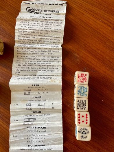 Rare Carlsberg Beer Early 20th Century Travel Poker Dice In Original Vintage Sliding Box Made in Denmark