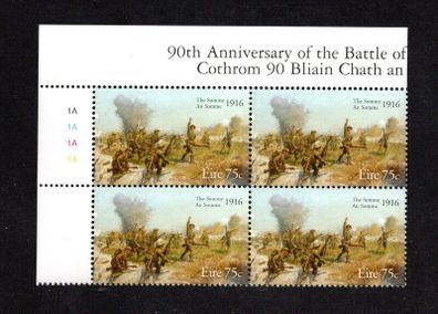 2006 Ireland 90th Anniversary of the Battle of the Somme Commemorative Stamp Plate Block 1A1A1A1A Mint Never Hinged (MNH)