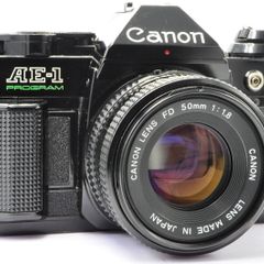 Canon AE-1 Program Black 35mm SLR Film Camera with  a fast Canon FD 50mm f1. 8  FDn Recently FULLY SERVICED