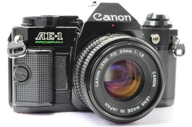 Canon AE-1 Program Black 35mm SLR Film Camera with  a fast Canon FD 50mm f1. 8  FDn Recently FULLY SERVICED
