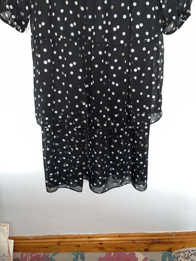 Dress, brand new with tags, long sleeves, elasticised waist tiered skirt, black with silver polka dots, very elegant