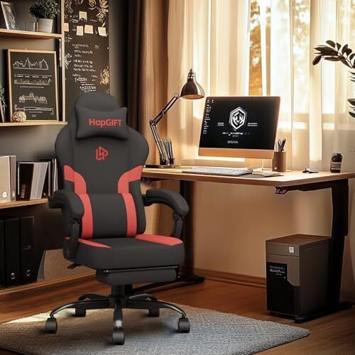 Gaming Chair Computer Chairs with Massage Lumbar Support & Headrest, Ergonomic Technology Fabric Gaming Chair for Adults, PC Chair Gamer Chairs with Footrest, 300LBS, Black-Red