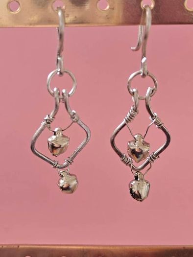 Stainless Steel Earrings with Bells, Handmade Wire Art, Geometric Dangles