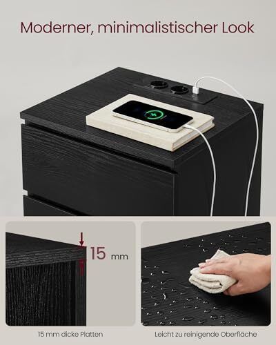 Set of 2 Bedside Tables 3 Drawers 2 AC Outlets, 2 USB Ports