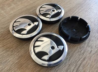 4x Skoda 56mm  Wheel Centre Caps Black/Chrome