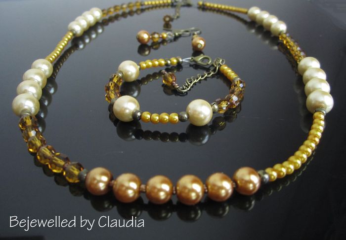 Cream Yellow Mustard Handmade Set Necklace with matching bracelets and earrings, in a GIFT BOX