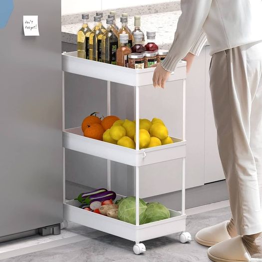 FREE EXPRESS SHIPPING Storage Trolley 3-Tier Rolling Utility Cart Slide Out Shelving Organization Shelf for Laundry Bathroom Kitchen with Small Containers & Hooks White