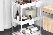 FREE EXPRESS SHIPPING Storage Trolley 3-Tier Rolling Utility Cart Slide Out Shelving Organization Shelf for Laundry Bathroom Kitchen with Small Containers &amp; Hooks White
