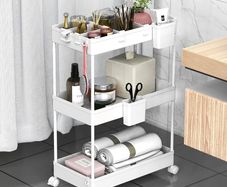 FREE EXPRESS SHIPPING Storage Trolley 3-Tier Rolling Utility Cart Slide Out Shelving Organization Shelf for Laundry Bathroom Kitchen with Small Containers & Hooks White