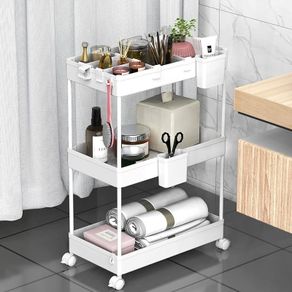 FREE EXPRESS SHIPPING Storage Trolley 3-Tier Rolling Utility Cart Slide Out Shelving Organization Shelf for Laundry Bathroom Kitchen with Small Containers & Hooks White