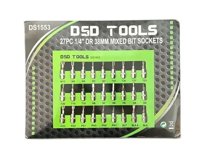 27pc 1/4-inch Dr 38mm Mixed Bit Sockets Star, Hex, Spline, Sl, Ph, Pz