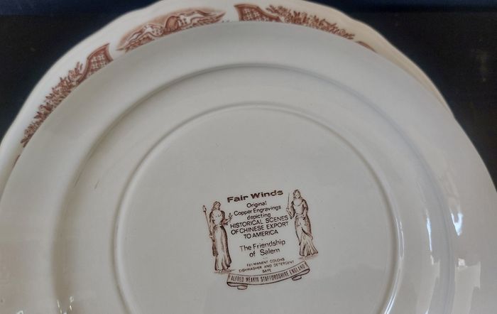 Vintage Set of Six Brown and White Fair Winds, Historical Scenes of Chinese Export to America - "The Friendship of Salem" Large Dinner Plates by Alfred Meakin