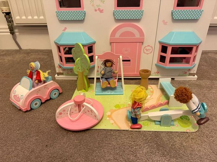 Wooden Dolls House, Car and Playground Set