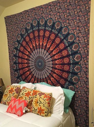 NEW SALE | Indian hippie Bohemian Psychedelic Peacock Mandala Wall hanging Bedding Tapestry (Golden Blue, Poster (30x40Inches)