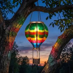 Garden Ornaments Outdoor, 45CM Realistic Flame Hot Air Balloon Solar Garden Light, Hanging Colorful Glass Effect Solar LED Balloon Lantern, for Balcony & Tree, Gifts for Women