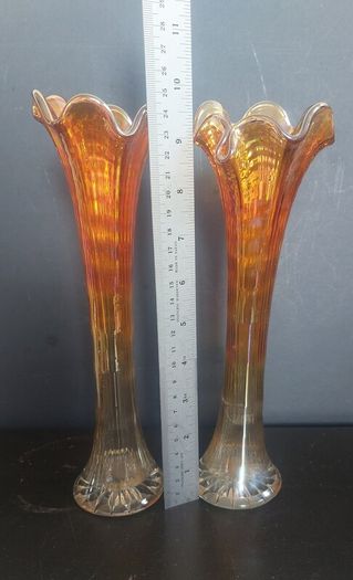 Fabulous Pair of Antique/Vintage Imperial Glass Company Carnival Glass Ripple Swung Vases in the Ombre Marigold Opalescent Colourway, Circa 1907 -1930, Priced as a Pair