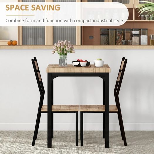 3 Pieces Compact Dining Table 2 Chairs Set Wooden Metal Legs Bistro cafe Kitchen Breakfast Bar Home Furniture, Light Wood Grain