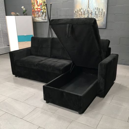 Black velvet Corner Sofa Bed Storage, 215cm