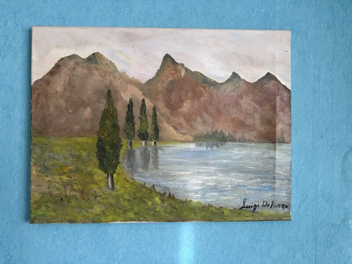 Original Oil Painting on Canvas, Mountain Lake Landscape, Signed Luigi Di Fonzo, 45 x 60 cm