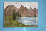 Original Oil Painting on Canvas, Mountain Lake Landscape, Signed Luigi Di Fonzo, 45 x 60 cm