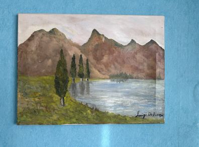 Original Oil Painting on Canvas, Mountain Lake Landscape, Signed Luigi Di Fonzo, 45 x 60 cm