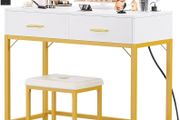 36 Inch Vanity Desk with Mirror and Drawers, Vanity Table and Stool, Dressing Table with Lights and Socket Strip for Bedroom, Gold