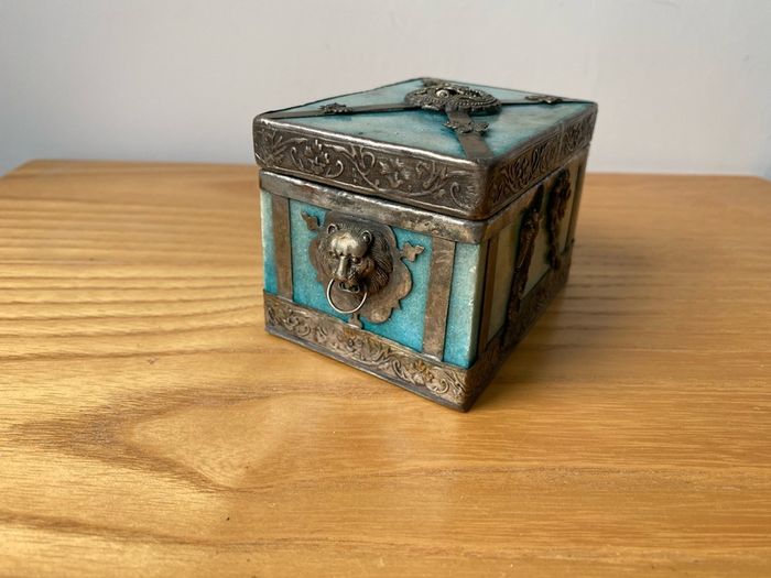 Vintage Chinese Stone Agate? Box with Ornamental Lion Head Dragon Phoenix Butterfly