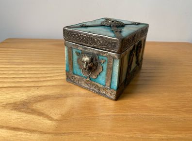 Vintage Chinese Stone Agate? Box with Ornamental Lion Head Dragon Phoenix Butterfly