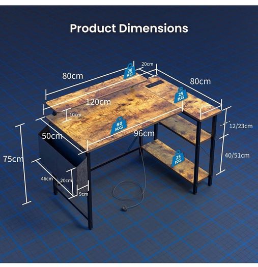 L Shaped Gaming Desk with LED Lights & Power Outlets, 120x80cm