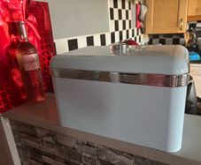 The pastel blue Swan Retro Bread Bin