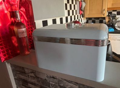 The pastel blue Swan Retro Bread Bin