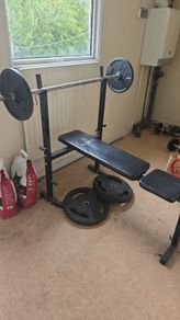 Weights bench, barbell and 60kg weights