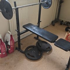 Weights bench, barbell and 60kg weights