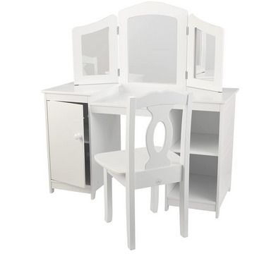 Wooden Vanity and Chair with Mirror and Storage Kids Children's Playroom/Bedroom Furniture