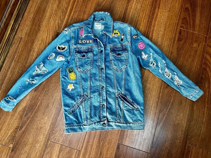 Distressed Denim jacket with patches Size UK8