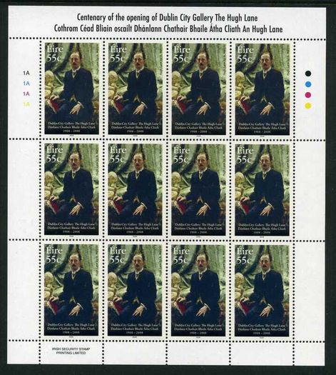 2008 Ireland Centenary of the opening of Dublin City Gallery The Hugh Lane Stamp Sheetlet Plate 1A1A1A1A Mint Never Hinged (MNH)
