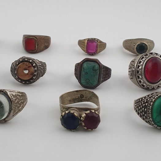 Antique Ring Lot 15 Mixed Brass, Stone & Glass Rings