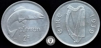[#2416] - Ireland 1939 | Scratches | Irish Florin | Salmon | KM.15 | aUNC