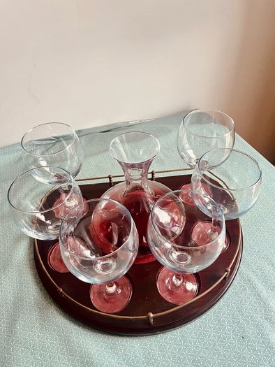 Vintage Wine Decanter Set 6 Large Goblets Brass Gallery Wood Tray