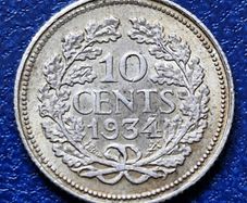 1934 Netherlands Silver 10 Cents - Wilhelmina coin