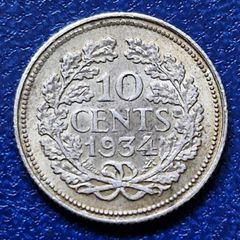 1934 Netherlands Silver 10 Cents - Wilhelmina coin