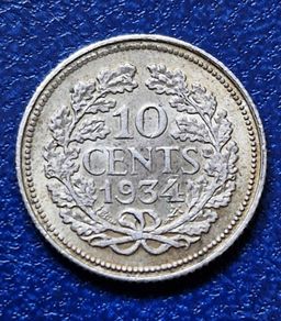 1934 Netherlands Silver 10 Cents - Wilhelmina coin