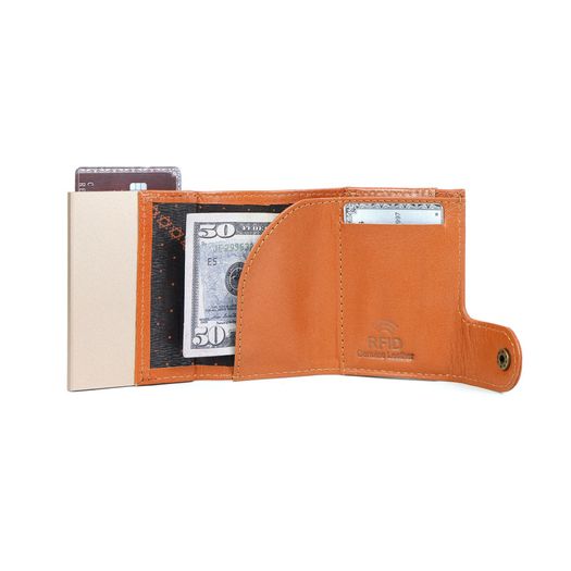 Genuine Leather Pop-Up Card Holder Wallet RFID Blocking Slim Credit Card Case